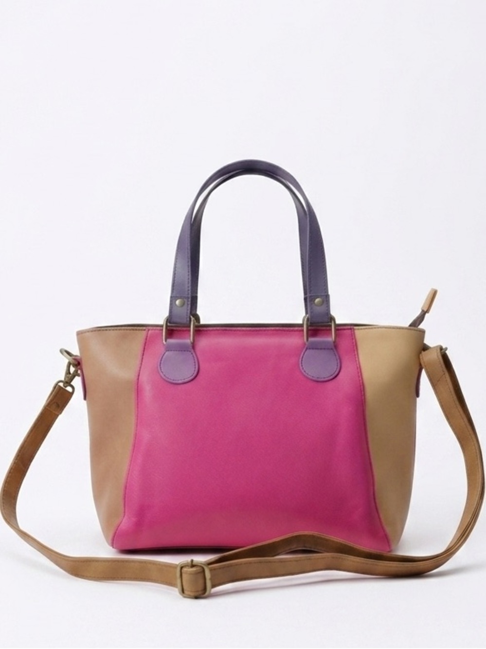 Soruka Recycled Leather Colorblock Multi-Color Crossbody Tote Bag Pink Tan Olive